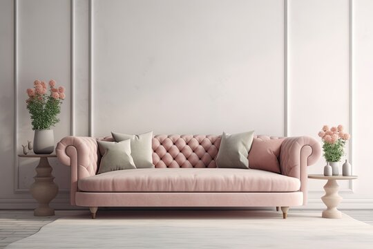 cozy living room with a pink couch and flowers on a table. Generative AI