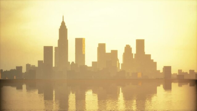 downtown cityscape at sunset in fog