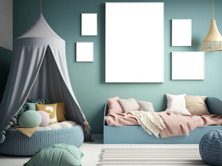 Kids Bedroom Frame Mockup, Template Frame of Childrens Bedroom With Blank Frames
