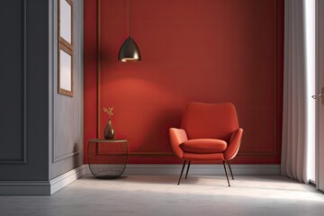 Illustration of an inviting room with a vibrant orange chair contrasting against a bold red wall. Generative AI