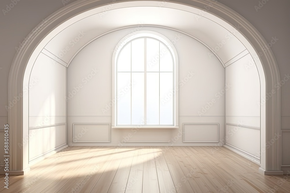 Poster illustration of an empty room with a large arched window. generative ai