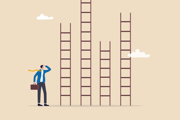 Choosing success ladder, difference career path, opportunity or various choices, challenge to choose best option, climb up ladder of success concept, businessman thinking to choose the right ladder.