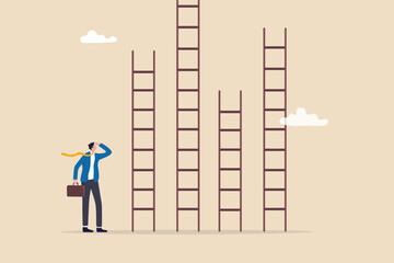 Choosing success ladder, difference career path, opportunity or various choices, challenge to choose best option, climb up ladder of success concept, businessman thinking to choose the right ladder. © Nuthawut