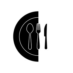 Silhouette of cutlery on plate. Set of fork knife spoon on black and white circle Logotype menu in flat style