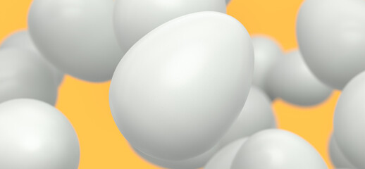 Group of flying farm raw organic white chicken eggs flying on yellow background