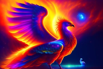 Graphic representation of Phoenix Spreading Glowing Wings in Universe. Generative AI. 