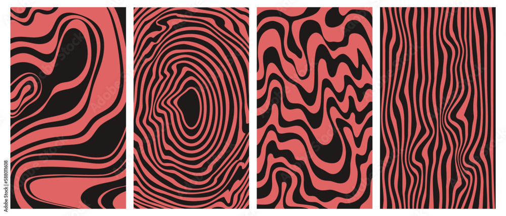 Wall mural groovy hippie 70s vector backgrounds set. chessboard and twisted patterns. backgrounds in trendy ret
