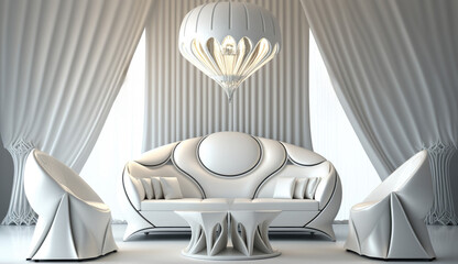 Futuristic light living room, white furniture, white sofa, bed, crystal, white walls, white background, Generative Ai