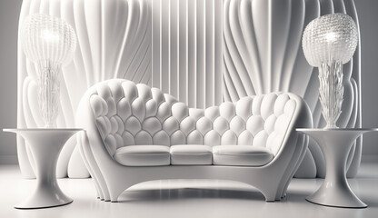 Futuristic light living room, white furniture, white sofa, bed, crystal, white walls, white background, Generative Ai