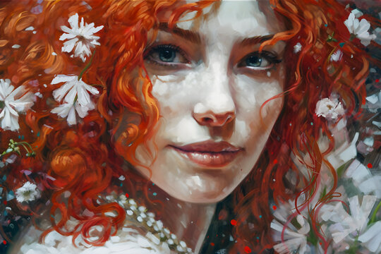 Red head, a beautiful woman with white flowers and subtle smile. Generative AI/ digital painting.