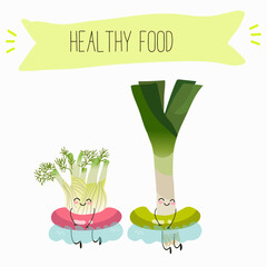 Illustration with funny characters fennel, leek, onion. Funny and healthy food. Vitamins, cute face food, ingredients, vegetarian, vector cartoon, agriculture,greenery.