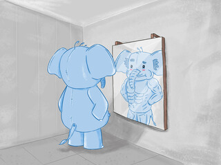 Illustration of an elephant looking in the mirror wanting to be skinny. Perfect for art, postcards, cards, wall decor, t-shirts, cards, prints, picture books, coloring books, wallpapers, prints, cards