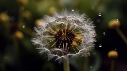 Beautiful dandelion closeup with seeds blowing away in the wind Generative AI