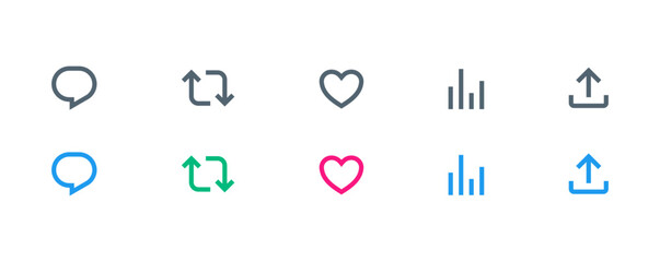 like icon, reply, retweet, view, share icon signs - social media notification like comment, share icons. social network post reactions collection set. vector illustration - obrazy, fototapety, plakaty