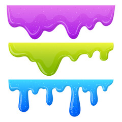 Cartoon dripping slime. Liquid mucus borders, sticky slime splashes. Jelly dripping dividers. Goo sticky slime flat vector illustration set