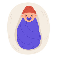 Swaddled newborn baby. Sleeping little boy with pacifier, funny toddler, kid with baby blanket flat cartoon vector illustration