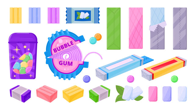 Cartoon bubblegum. Gum splashes, gum packaging, chewing dragees and bubblegum stripe. Chewing gum spots flat vector illustration set