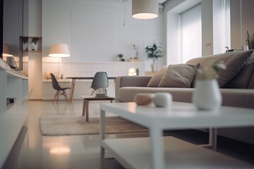 modern living room with stylish furniture and a sleek white coffee table. Generative AI