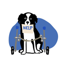 Dog in a wheelchair for the hind paws. Vector illustration in a flat style help