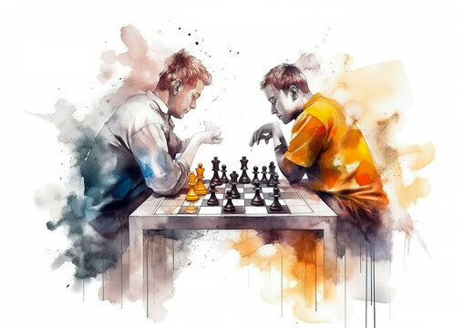 Watercolor abstract illustration of chess as a sport. Chessmen in action with colorful paint splash, isolated on white background. AI generated illustration.