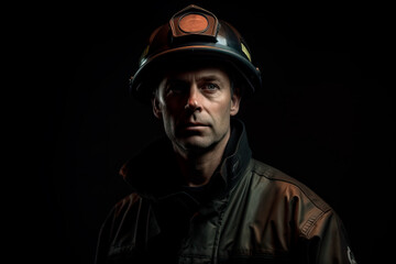 A firefighter dressed in a uniform in a studio. Ai generated