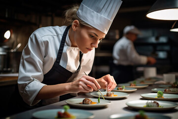 Female chef garnishing food in kitchen at restaurant. Ai generated - obrazy, fototapety, plakaty