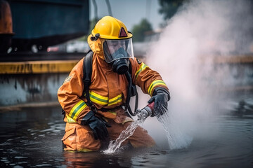 irefighter training., fireman using water and extinguisher to fighting with fire flame in an emergency situation., under danger situation all firemen wearing fire fighter suit for safety. Ai generated