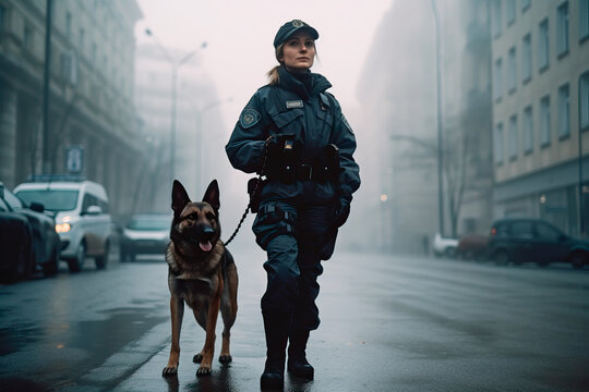 Female police officer with dog patrolling empty city street in foggy day. Ai generated