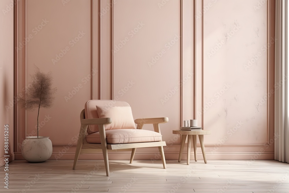 Poster cozy workspace with a pink color scheme featuring a table and chair. generative ai