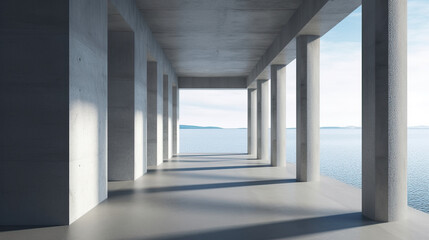 Abstract Large Empty Modern Concrete Room Ocean View, Architectural Design, Minimalist Interior - Generative AI