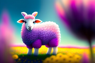 Graphic representation of "Cute Lamb in a Colorful Flower Field". Generative AI. 