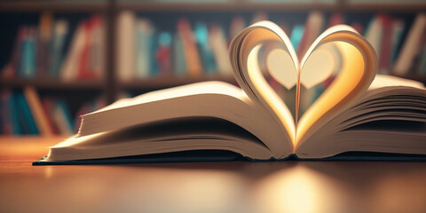 Close-up page of a book in heart vintage style, love of books with blur background