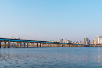 Fototapeta na wymiar Hangang River and Seoul Panorama Bridge, Han River, South Korea