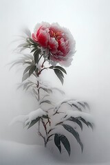 Beautiful illustration of Peony flower on snow background. Generative Ai.