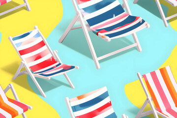 Bright striped beach chair on blue and yellow background, pattern, illustration, Generative AI