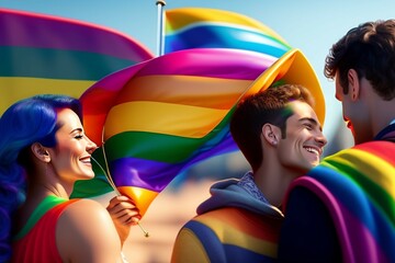 Lgbt happy gay meeting people group and sky illustration, generative AI