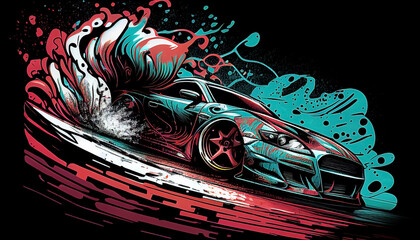 sports car illustration, drifting, teal and red colors. AI generated 