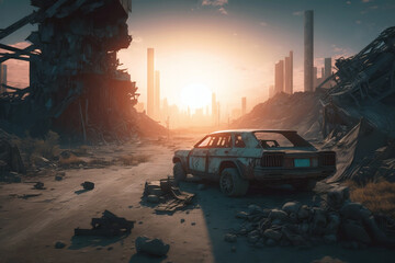 Post-apocalypse: The End of the World. Rusty car and terribly ruined landscape at sunset | Generative AI Production