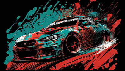 sports car illustration, drifting, teal and red colors. AI generated 