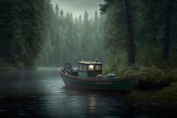 A man on a boat fishing a rod in a river surrounded by woods, a man's hobby is fishing. Generative AI