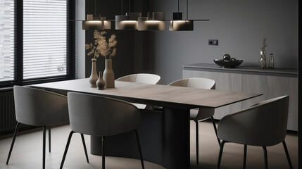 Minimalist Luxury Dining Area Interior Design in Sophisticated Grey Tones - Generative AI