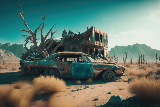 Post-apocalypse: The End of the World. Rusty car and terribly ruined landscape in daylight | Generative AI Production