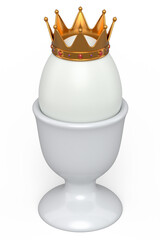 Farm white egg with gold royal king crown in ceramic egg cup for breakfast
