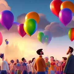 Lgbt happy gay meeting people group and sky illustration, generative AI