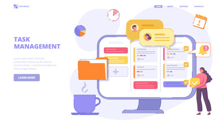 Project management, task management application, list of tasks online, successful business plan tasks. Flat design concept for landing page. Vector illustration with tiny characters.
