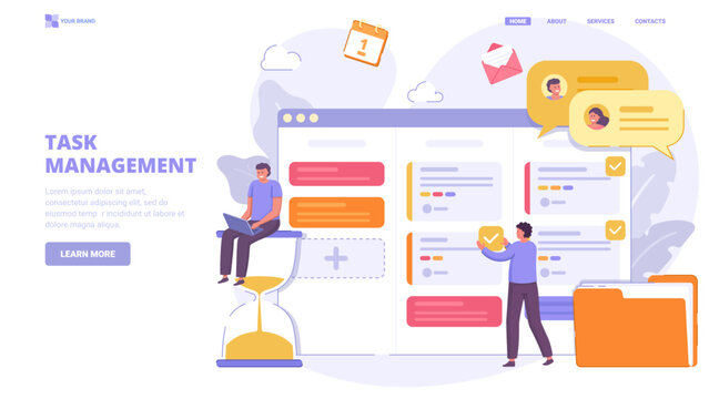 Project management, task management application, list of tasks online, successful business plan tasks. Flat design concept for landing page. Vector illustration with tiny characters.