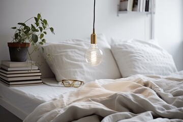 modern bedroom with minimalist design featuring a white bed and pendant light. Generative AI