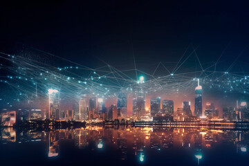 Smart city and abstract dot point connect with gradient line and aesthetic Intricate wave line design , big data connection technology concept. Ai generated