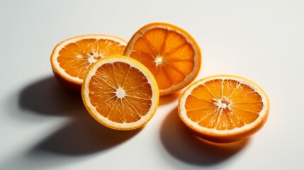 Round slices of ripe, fresh orange fall. Citrus fruit in flight isolated on a white background Generated AI