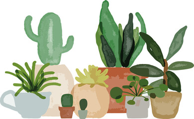 Watercolor set of home plants in pots in natural colors. Collection of indoor plants